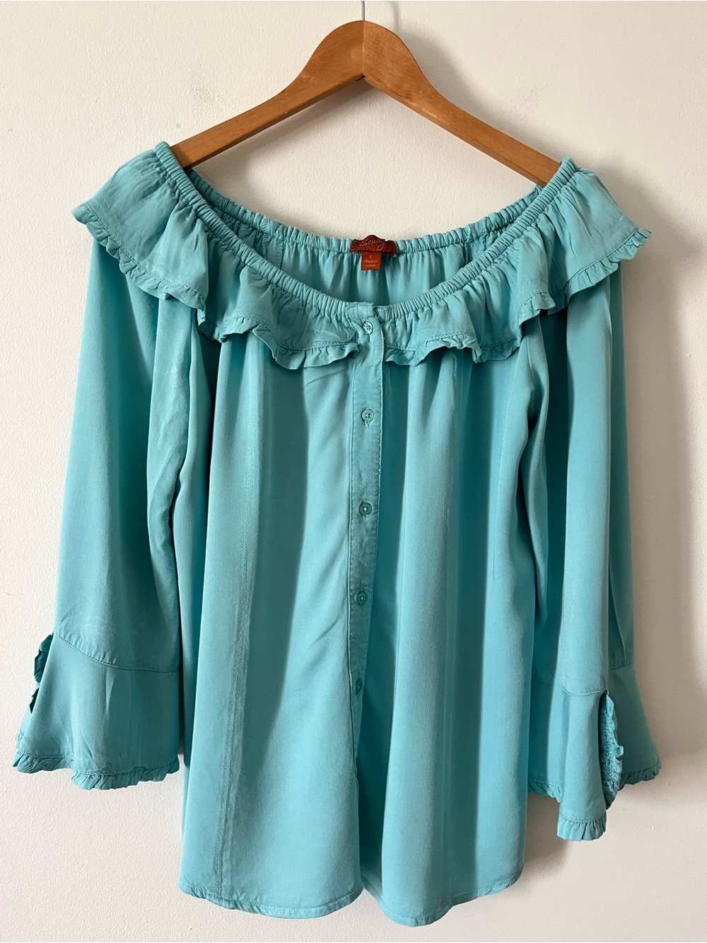 Scully Honey Creek Turquoise Off-Shoulder Ruffle Western Urban Cowgirl Blouse L